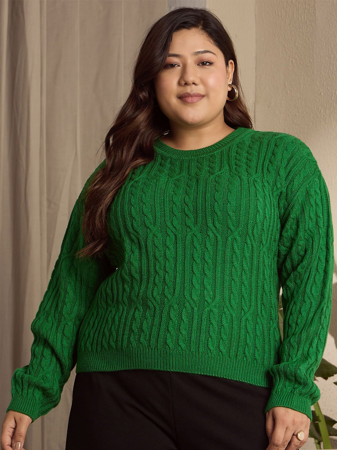 

Berrylush Curve Women Plus Size Cable Knit Round Neck Pullover Sweater, Green