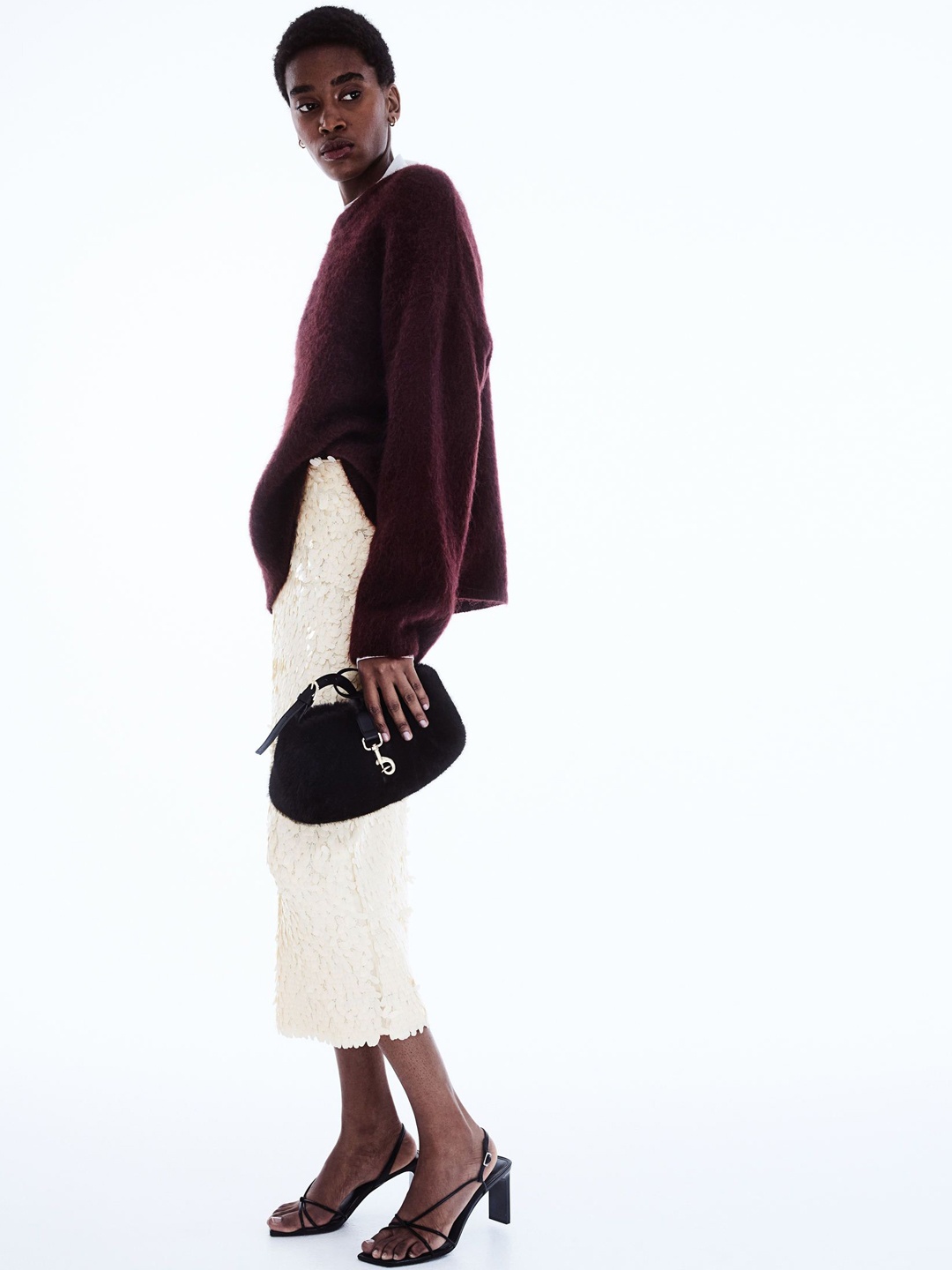 

H&M Sequined Midi Skirt, Beige