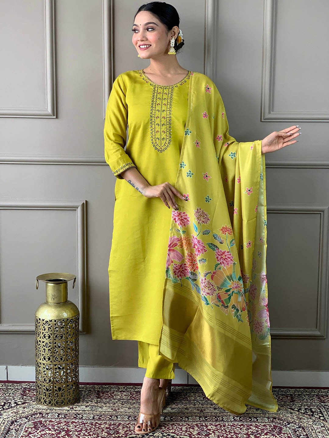 

TWINS LADY Ethnic Motifs Yoke Design Sequinned Chanderi Silk Kurta With Trousers & Dupatta, Mustard