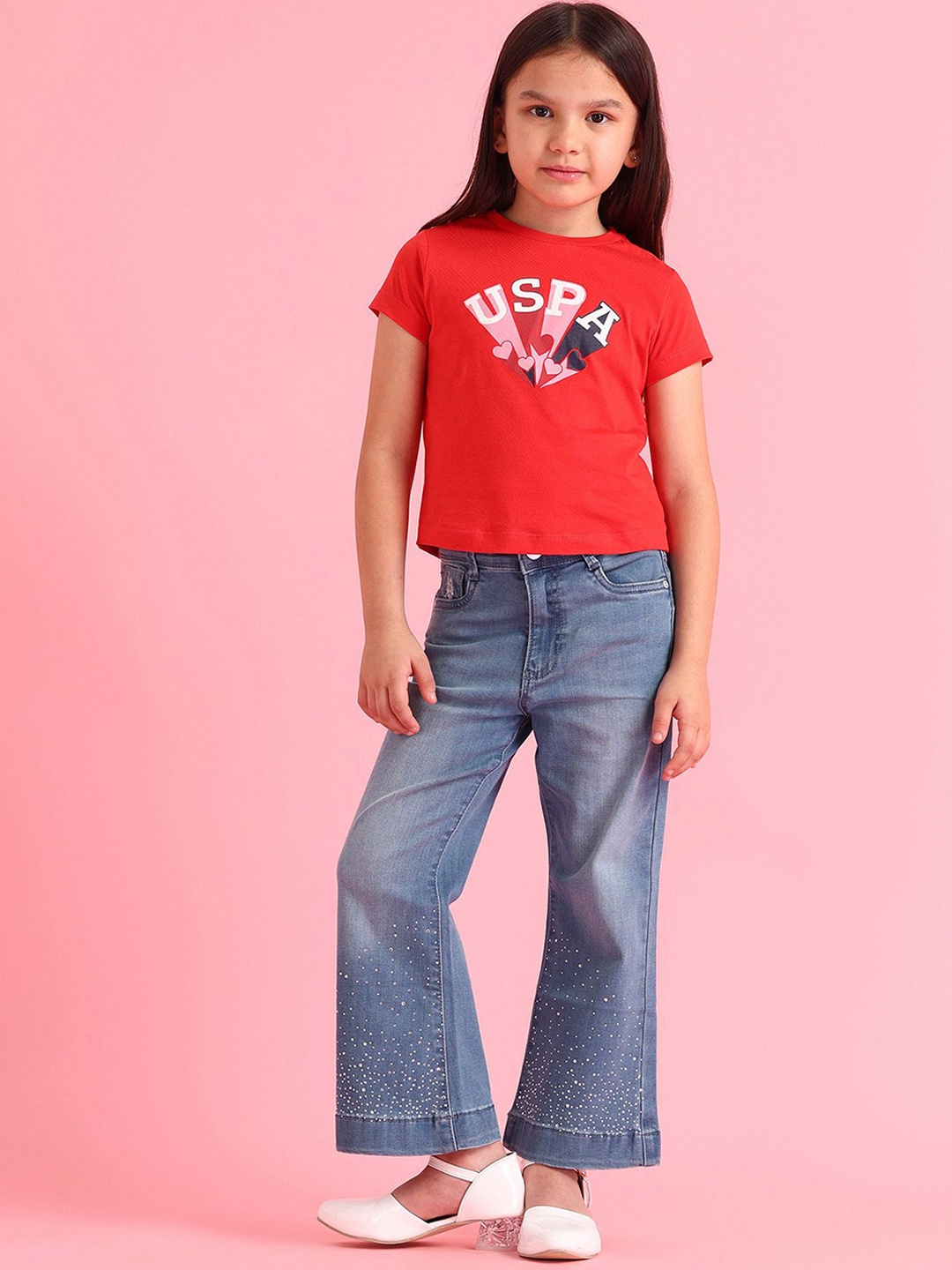 

U.S. Polo Assn. Kids Girls Classic Flared Light Fade Embellished Stretchable Jeans, Blue