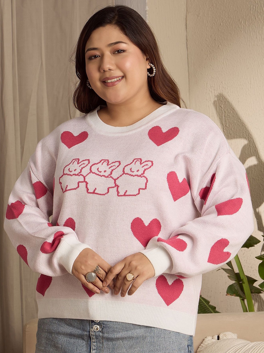 

Berrylush Curve Women Conversational Printed Pullover Sweater, Pink