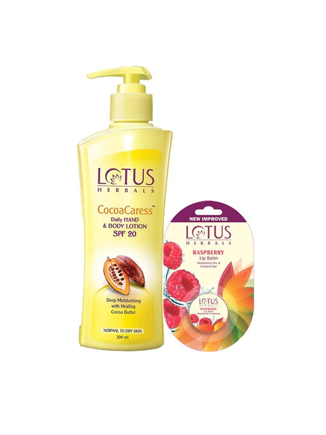 

Lotus Herbals Set Of 2 Cocoacaress Daily Body Lotion - 250 ml & Raspberry Lip Balm - 5 g, Yellow