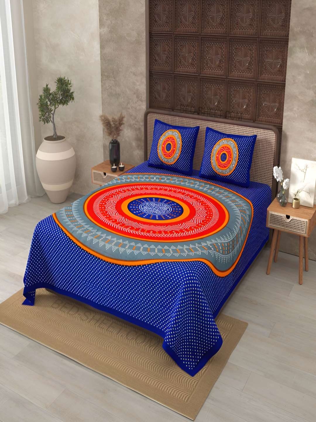 

BED-SHEET.COM Blue Ethnic Motifs 180 TC King Bedsheet with 2 Pillow Covers