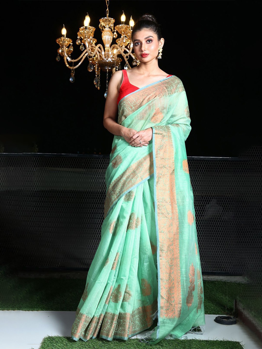 

Charukriti Ethnic Motifs Zari Saree With Blouse Piece, Sea green