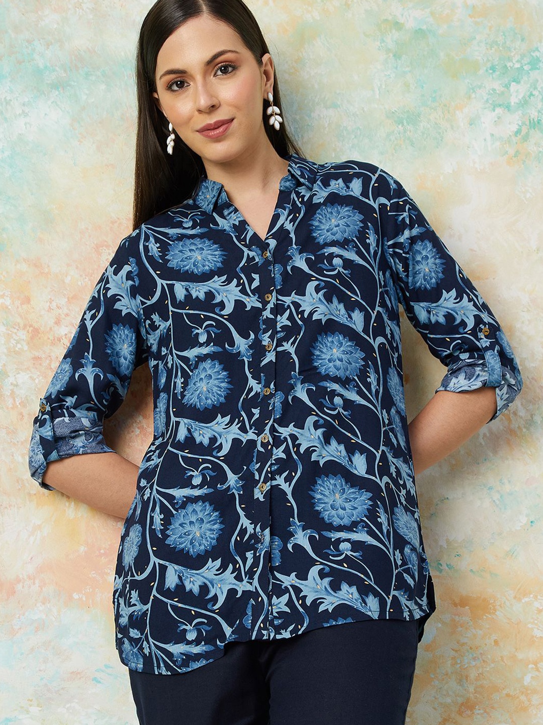 

Melange by Lifestyle Women Printed Shirt Collar Kurti, Blue