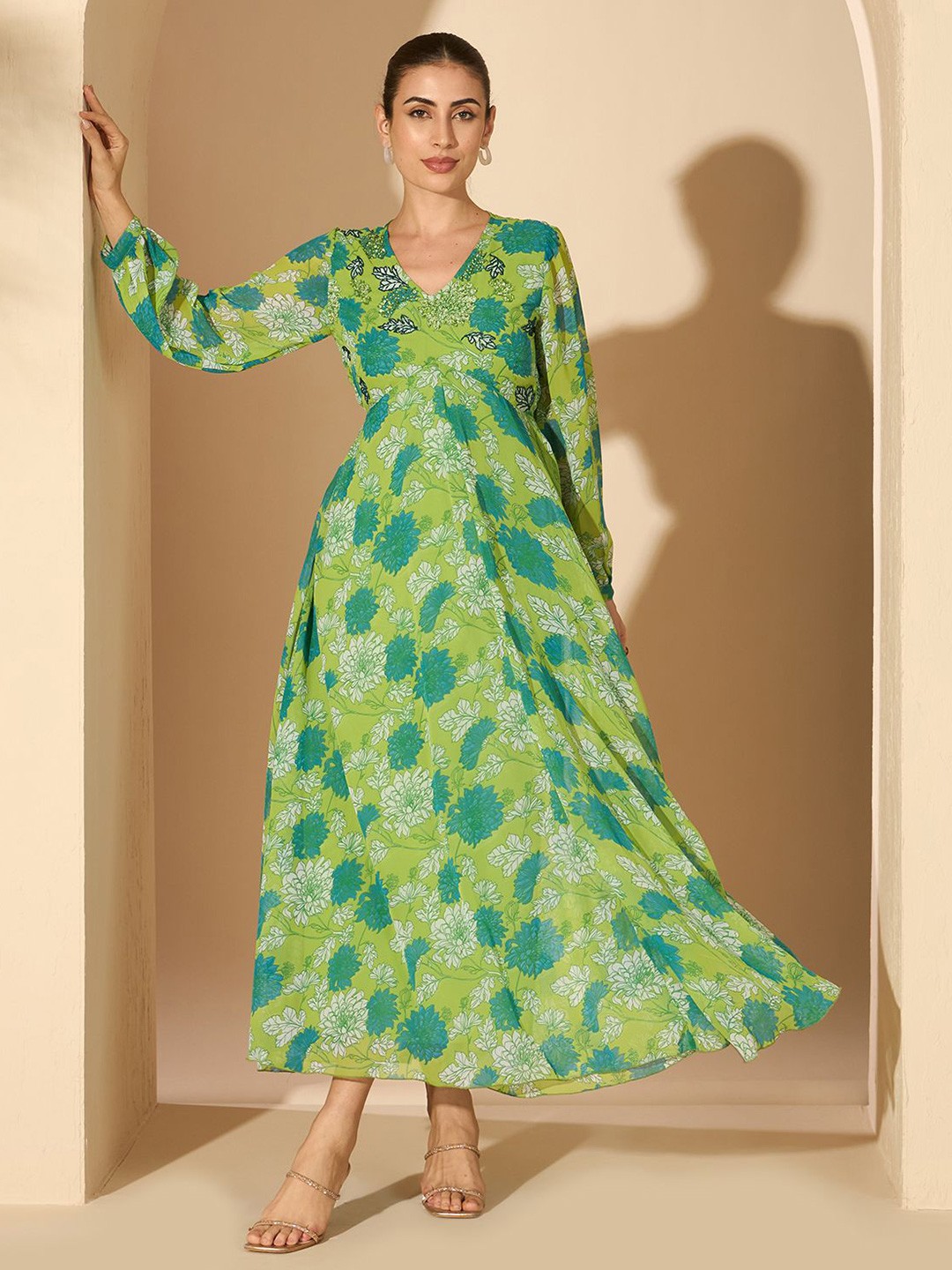 

Antheaa Women Floral Printed & embellished Chiffon Maxi Dress, Green