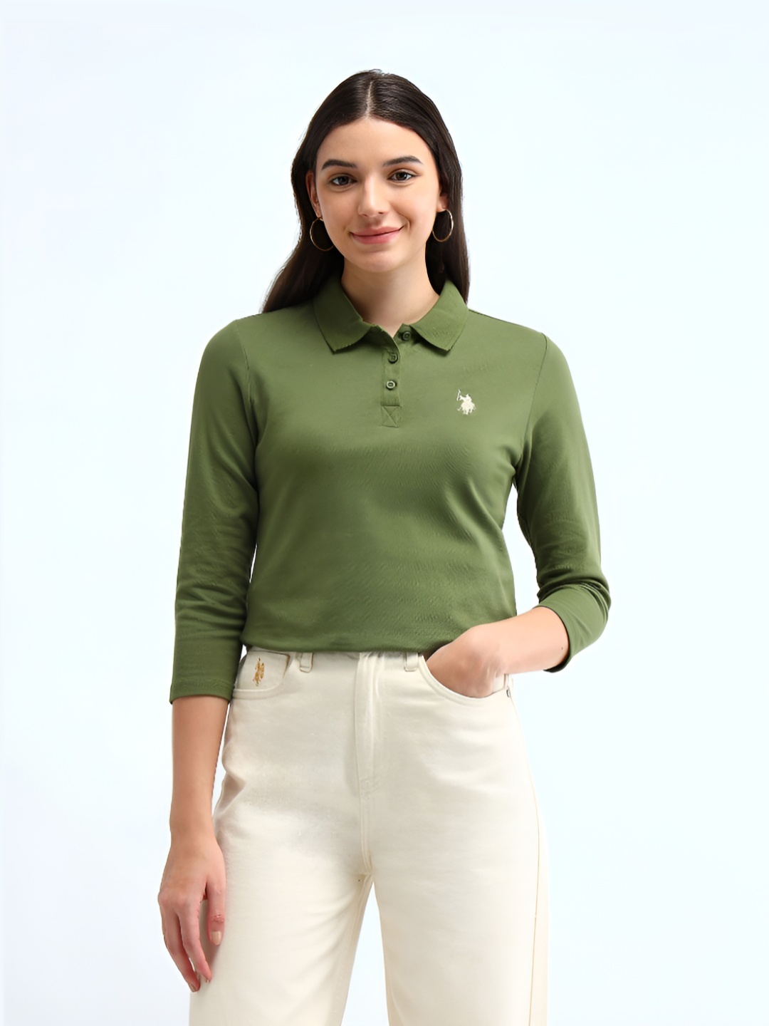 

U.S. Polo Assn. Women Women Polo Collar Pockets T-shirt, Olive