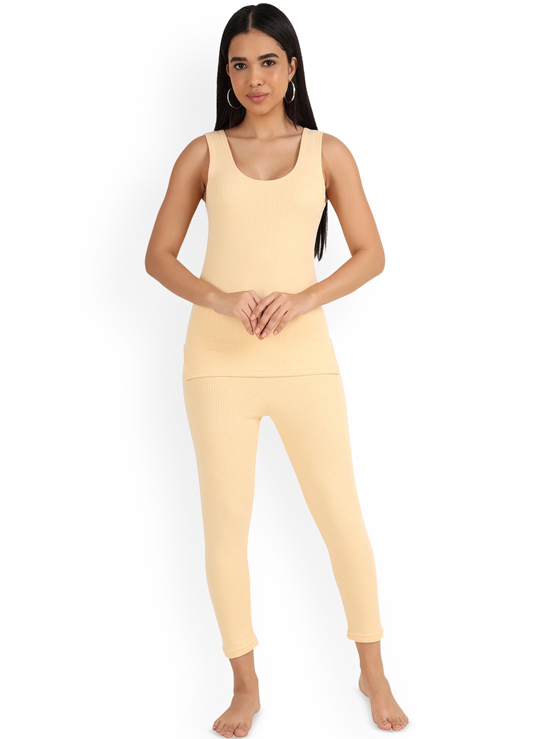 

SELFCARE Women Cotton Round Neck Sleeveless Thermal set, Beige