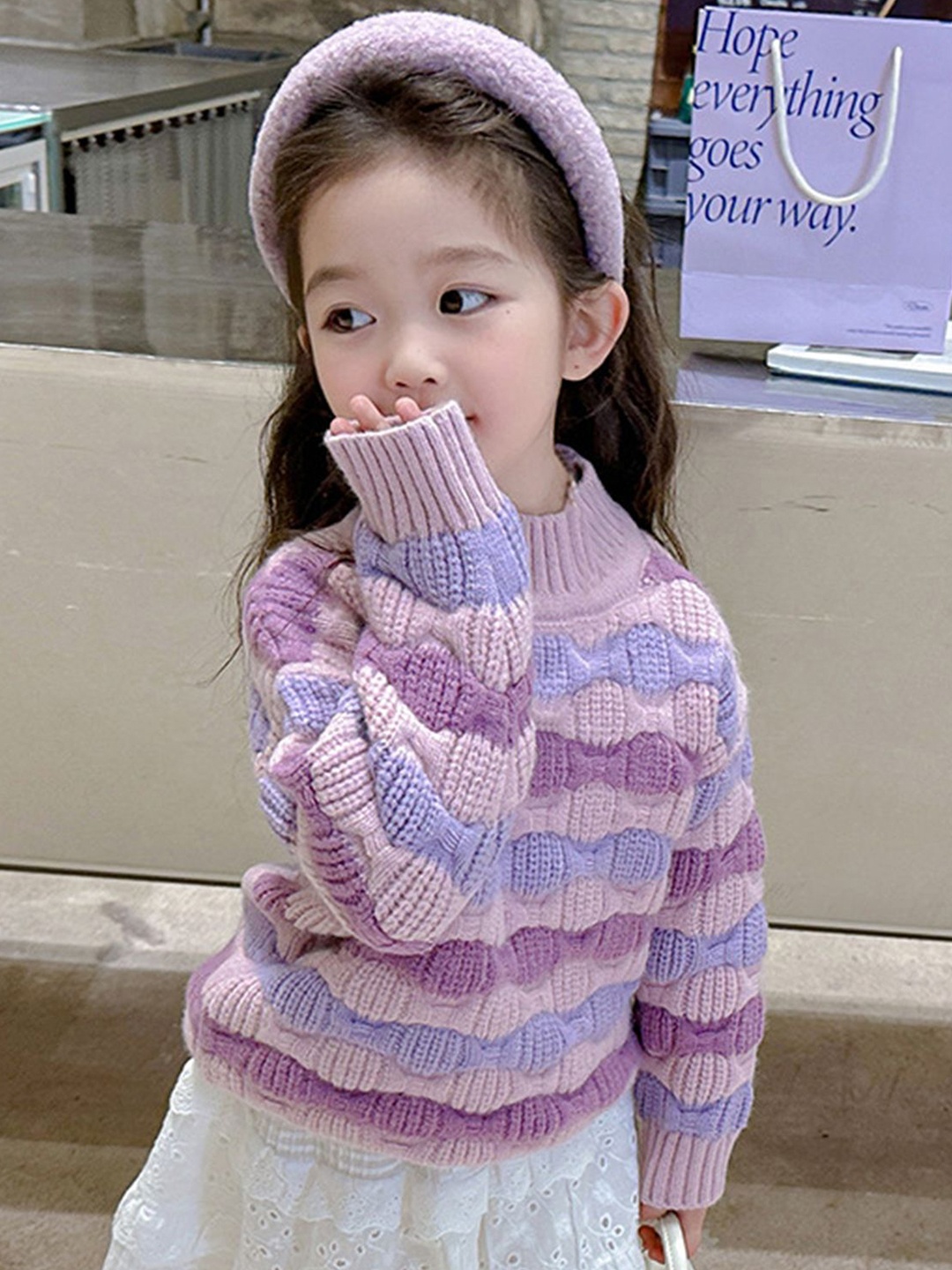 

LULU & SKY Girls Self Design Cable Knit Printed Pullover Sweater, Purple