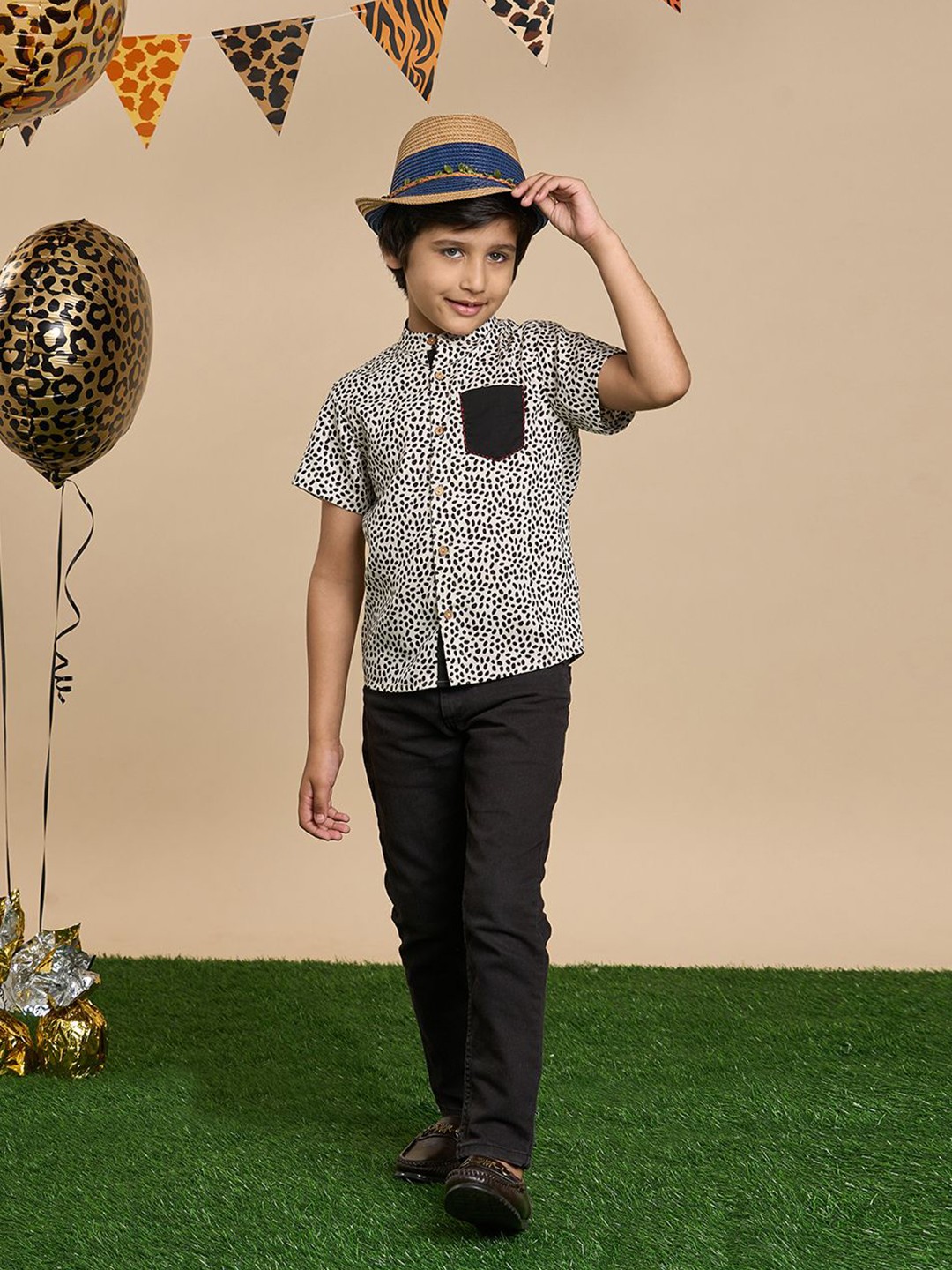 

LIL DRAMA Boys Original Animal Opaque Printed Party Shirt, Brown