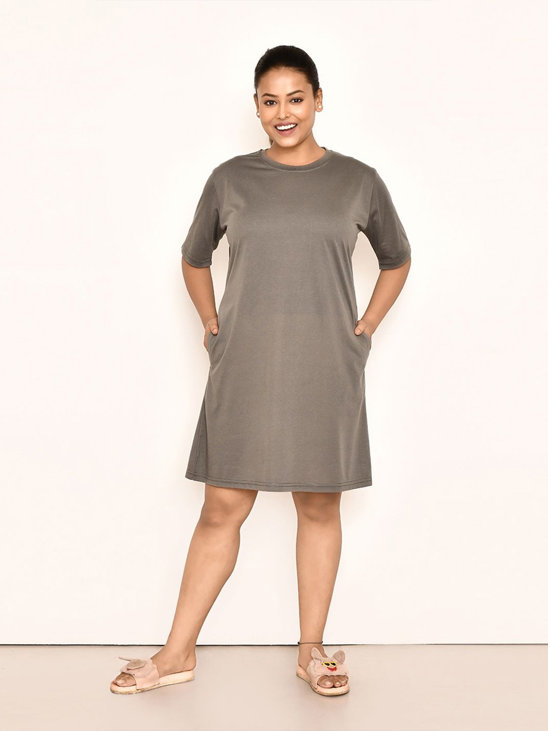 

RAPL Women Short Sleeves Round Neck Nightdress Plus Size, Grey