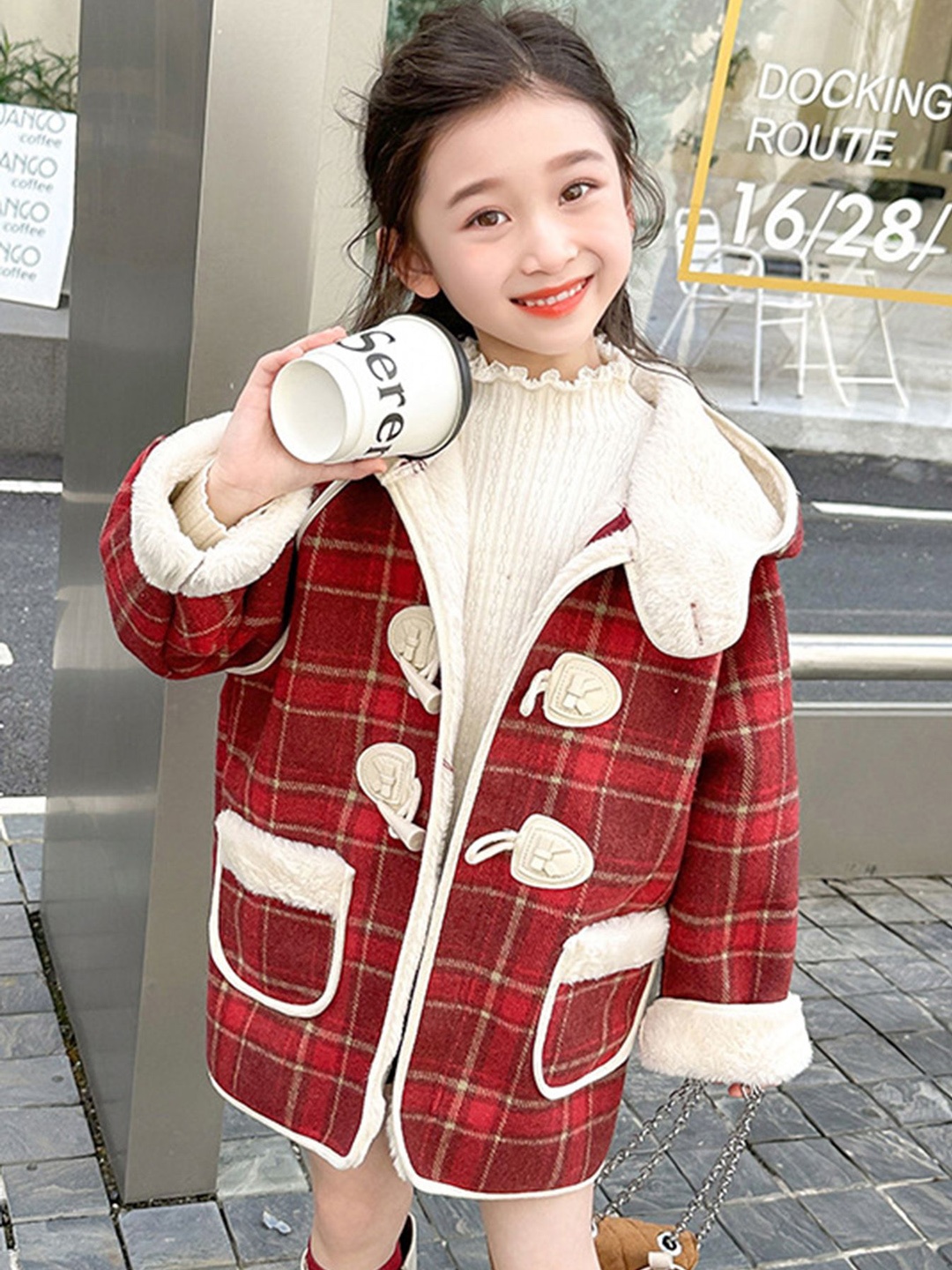 

LULU & SKY Girls Checked Crop Parka with Patchwork Jacket, Red