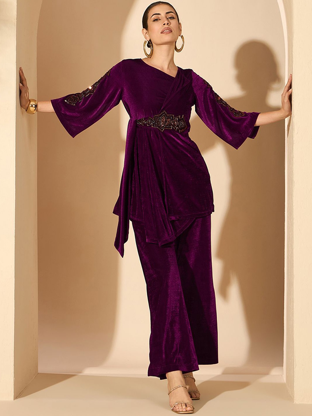 

Antheaa Velvet Embellished V-Neck Tunic with Palazzos, Purple