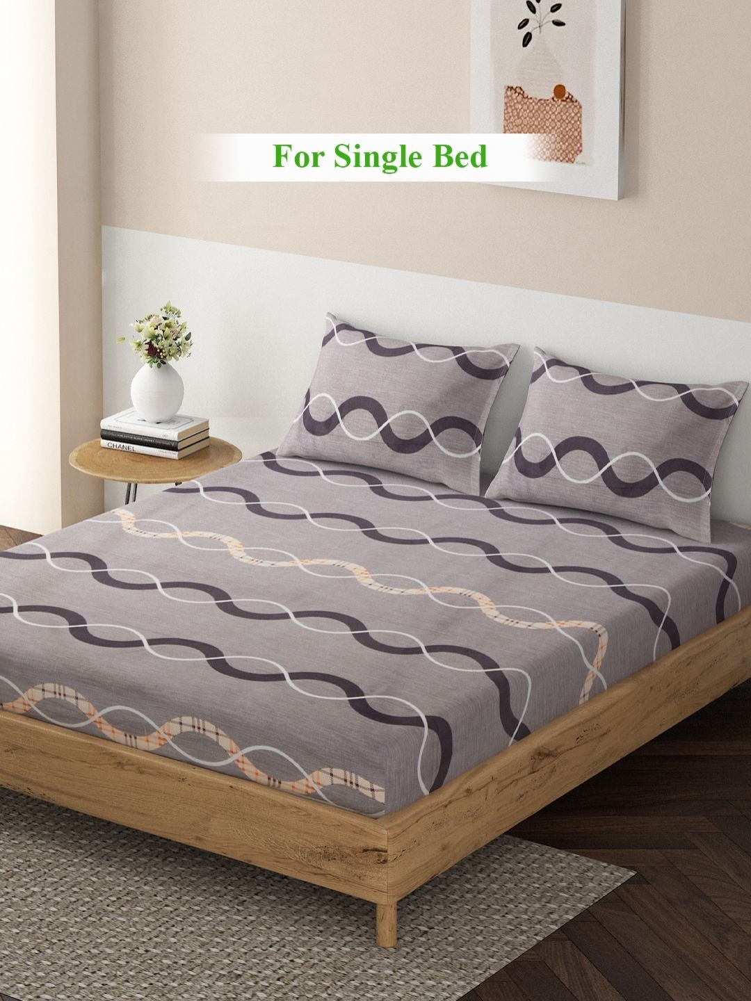

HOKIPO Grey & Cream-Coloured Geometric 140 TC Queen Bedsheet with 2 Pillow Covers
