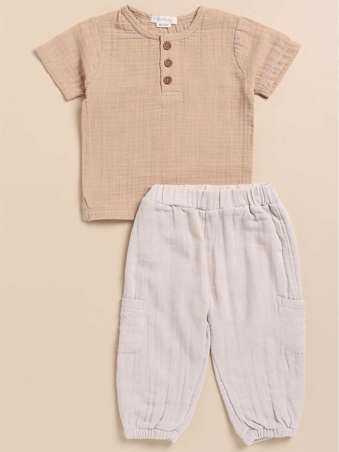 

COT & CANDY Kids Henley Neck T-shirt with Joggers, Brown