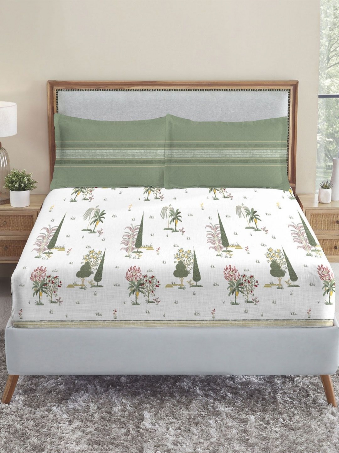 

MYTRIDENT Jaipur Green & White Floral Pure Cotton 210TC King Bedsheet Set 2.74 m X 2.74 m