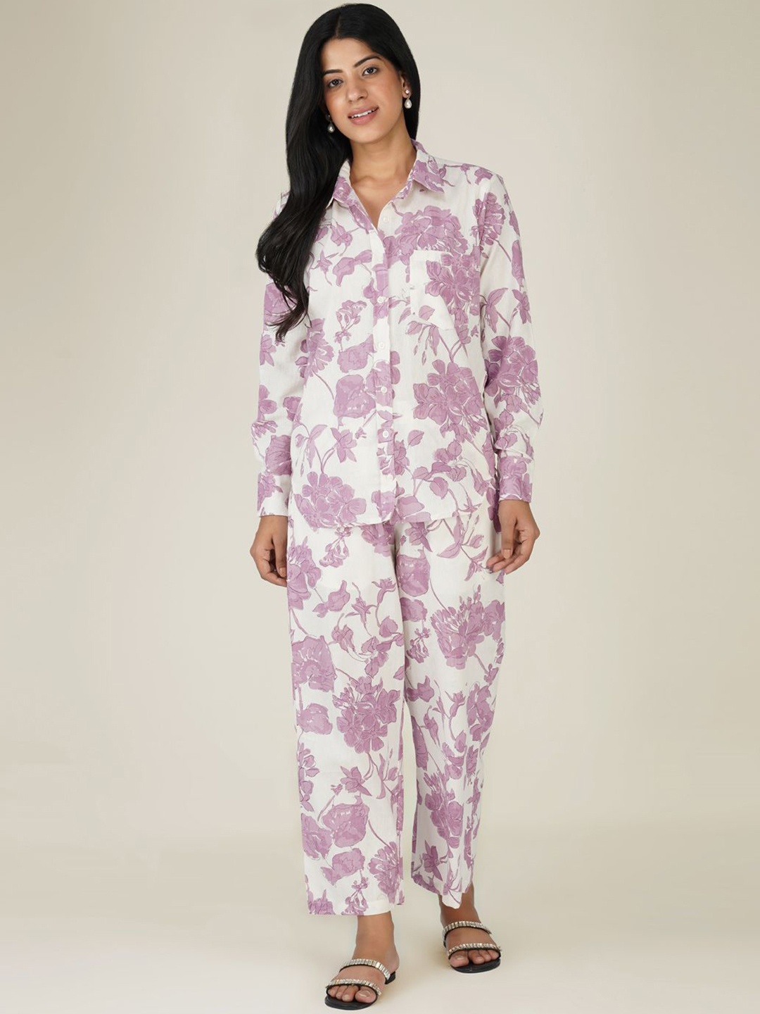 

SPARSA Floral Printed Spread Collar Cuffed Sleeves Pure Cotton Shirt & Palazzos, White