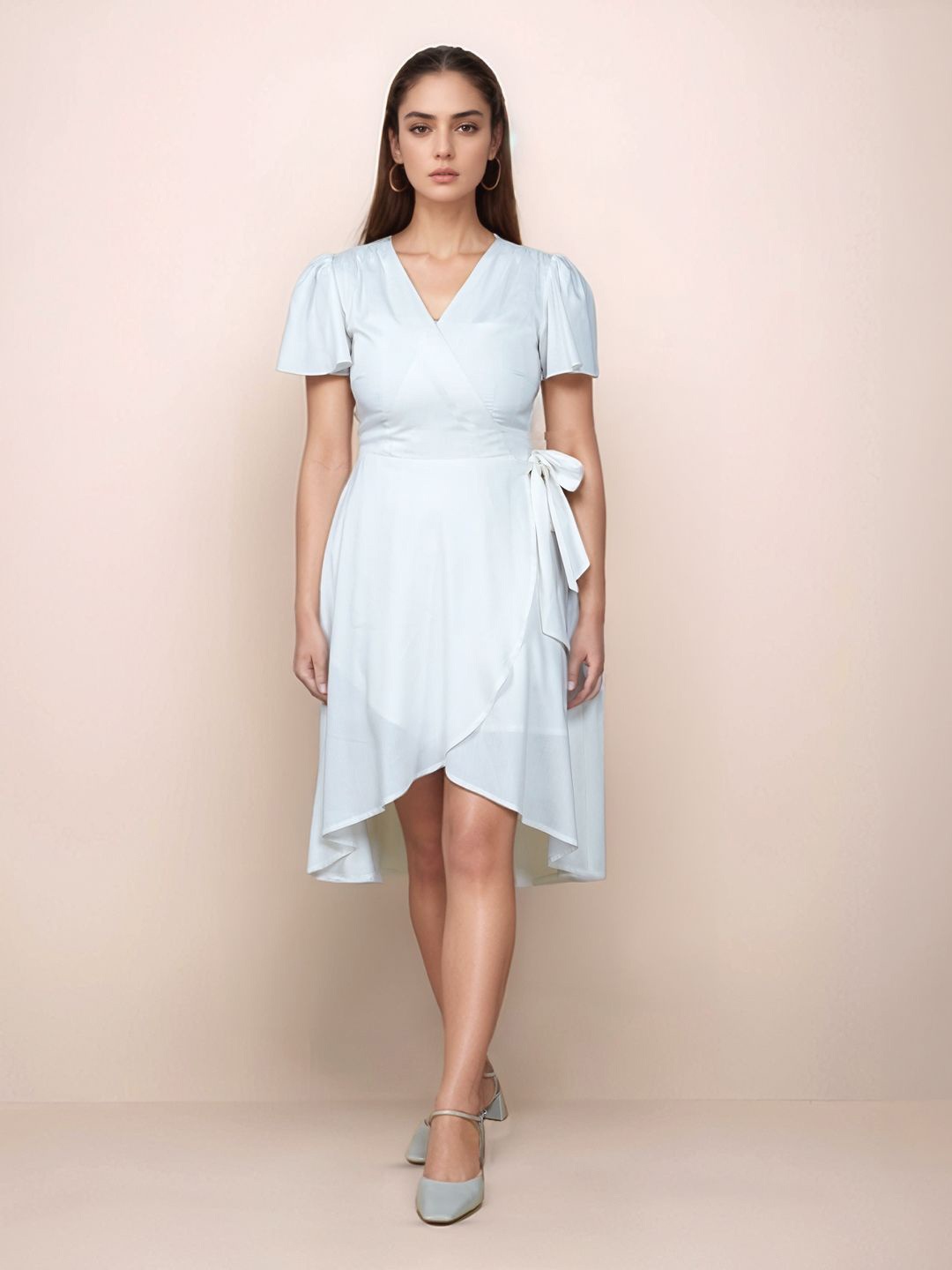 

Zink London Women V-Neck Flared Sleeve Wrap Dress, White