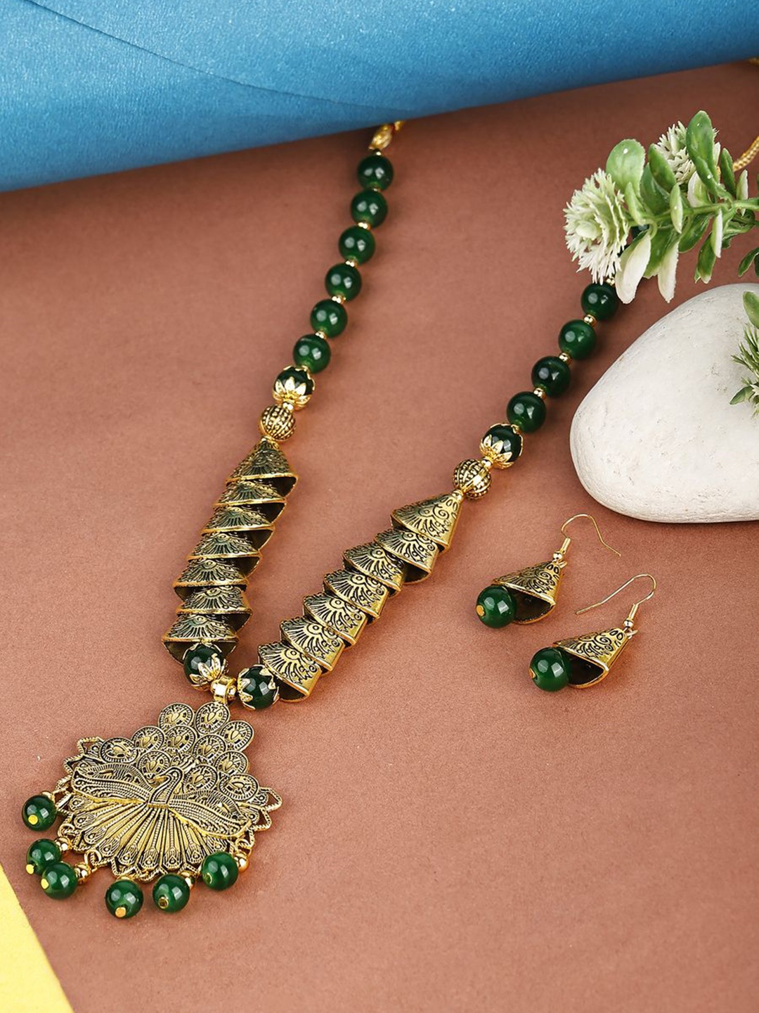 

DEGHLAM Gold-Plated Crystal Stone Studded Dancing Peacock Necklace and Earrings
