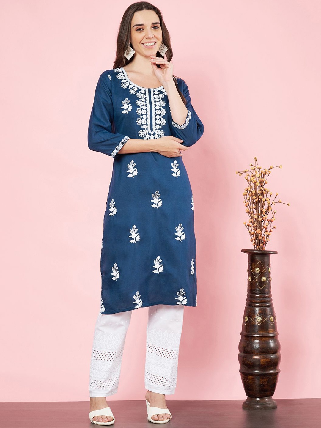 

HERE&NOW Floral Embroidered Cotton Straight Kurta, Teal