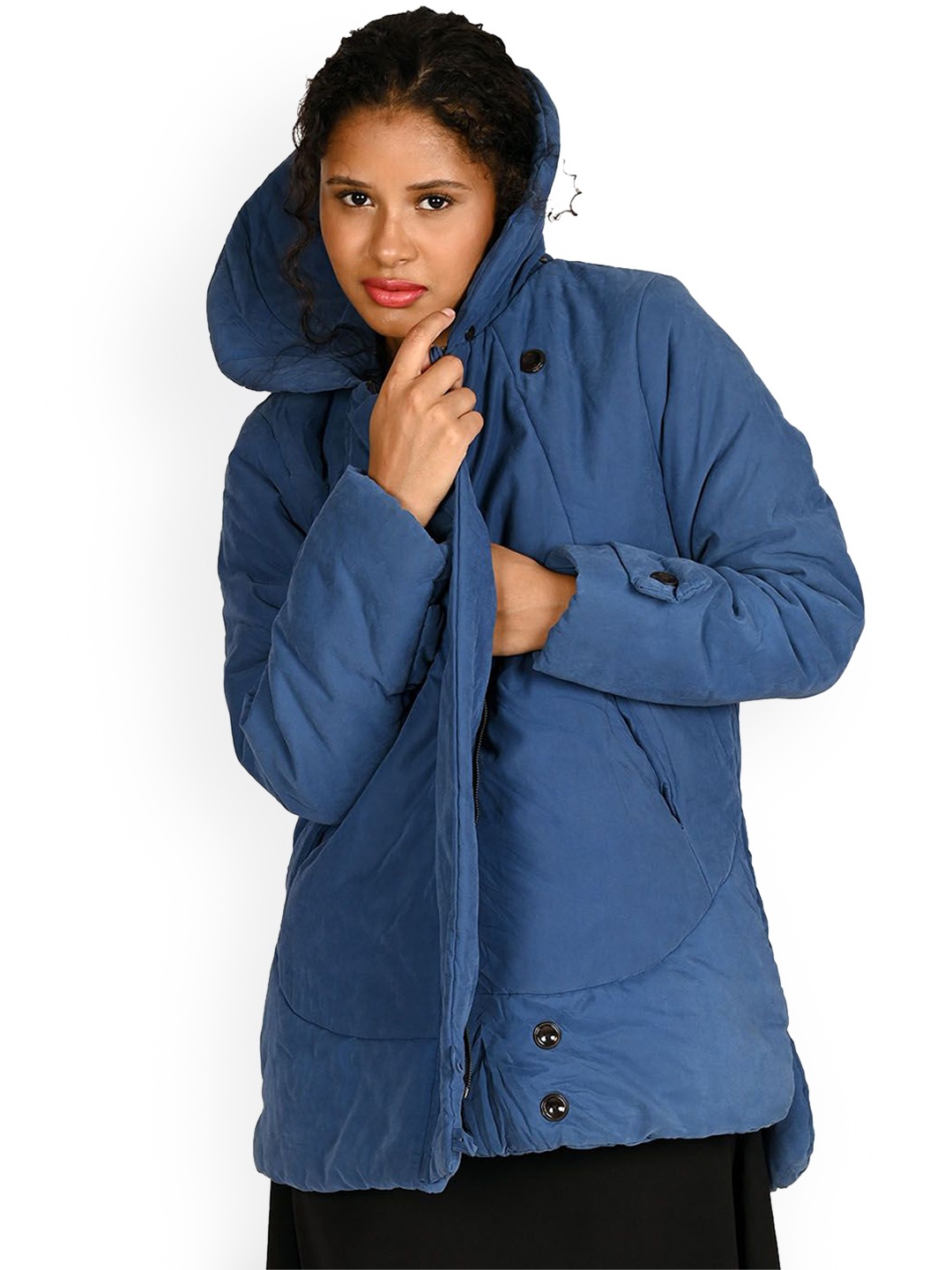 

ODETTE Women Geometric Longline Quilted Jacket, Blue