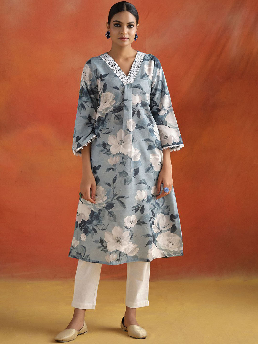 

Jaipur Kurti Floral Printed A-Line Kurta, Grey