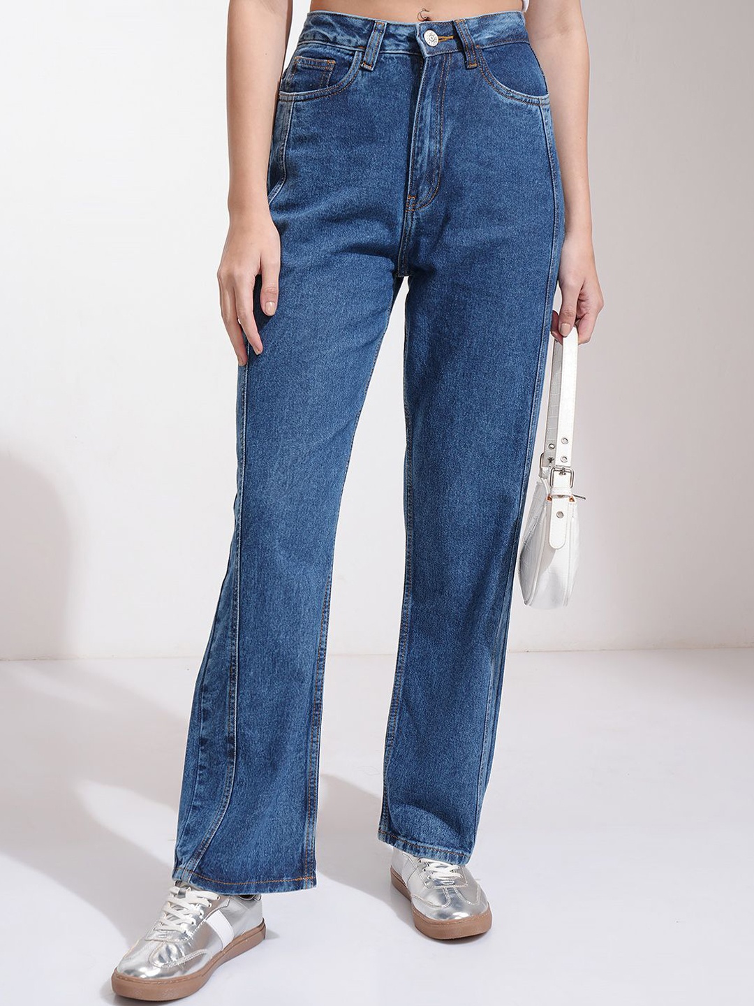 

Basics By Tokyo Talkies Women Cotton Straight Fit High-Rise Jeans, Blue