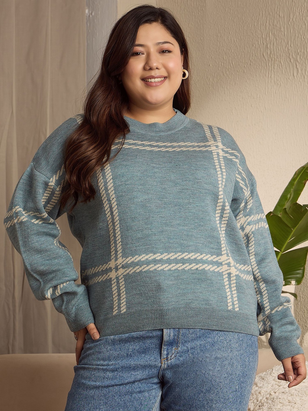 

Berrylush Curve Women Plus Size Striped Round Neck Pullover, Blue