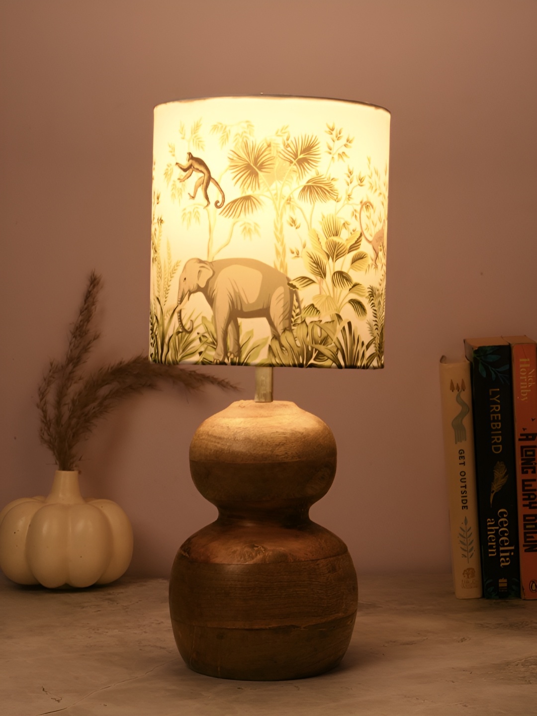 

green girgit Brown Wood Cylindrical Shaped Table Lamp