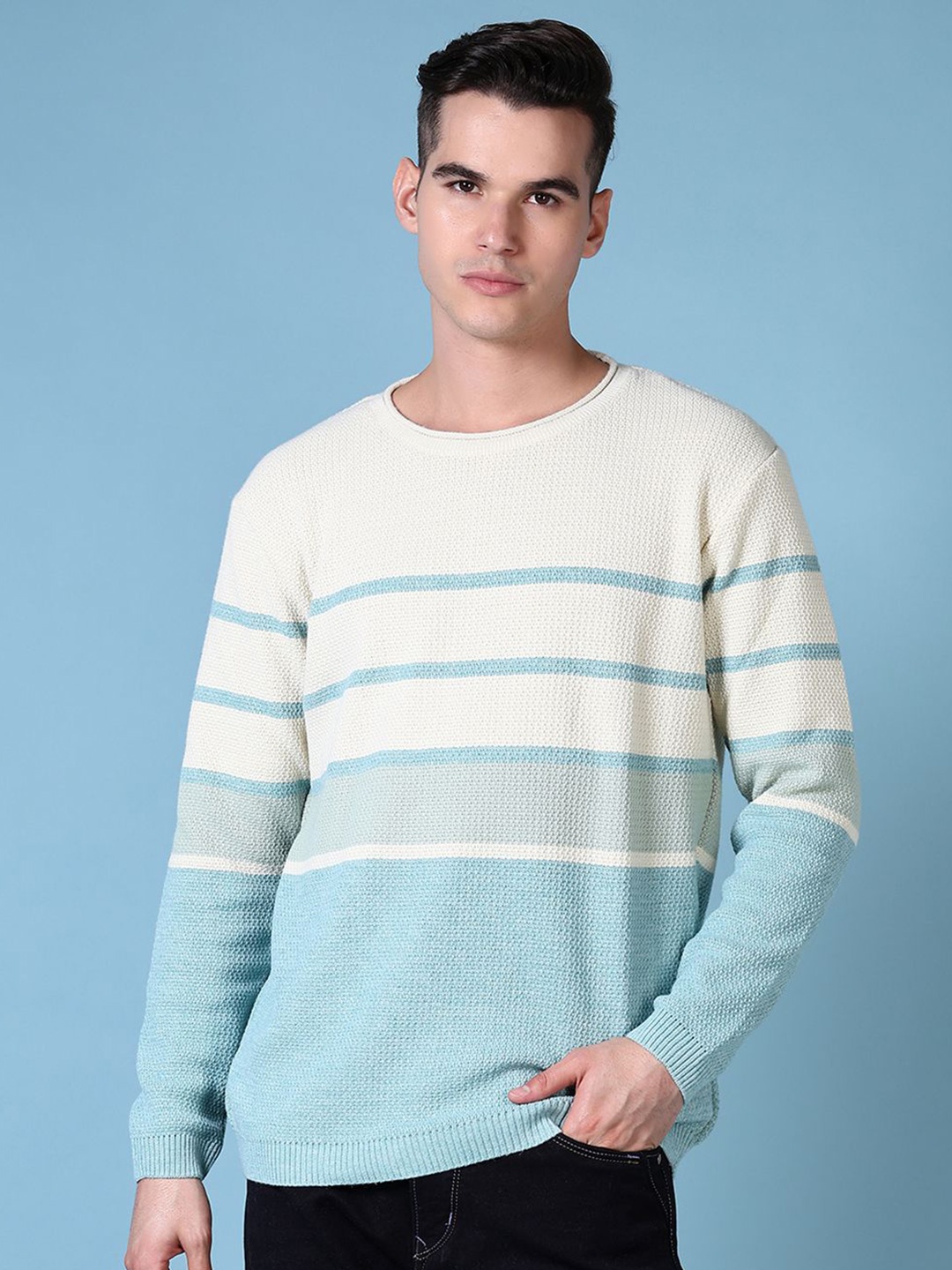 

V-Mart Men Striped Round Neck Pullover, White