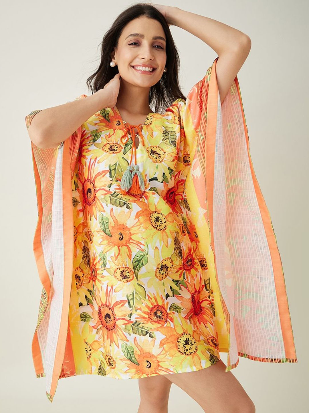 

The Kaftan Company Printed Kaftan Swimwear Cover Up Top, Yellow