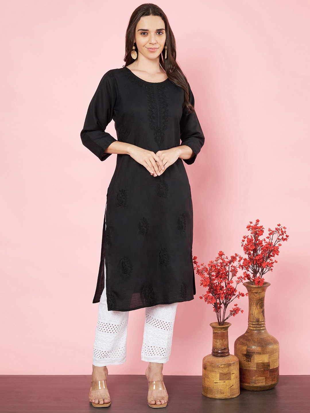 

HERE&NOW Floral Embroidered Thread Work Cotton Straight Kurta, Black