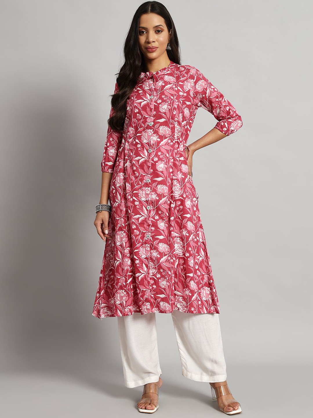 

PIDER Mandarin Collar Floral Printed Panelled Cotton A-Line Kurta, Pink
