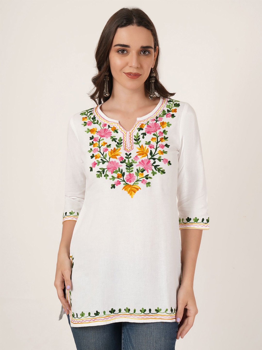 

Brownverse Women Floral Embroidered Cotton Regular Top, White