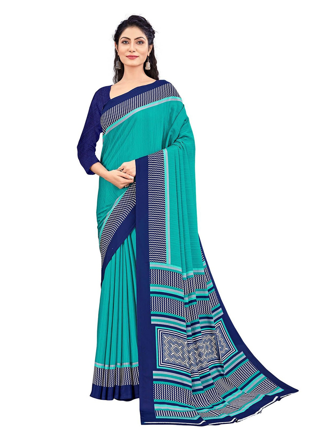 

Navvi Striped Printed Poly Crepe Saree With Blouse Piece, Blue