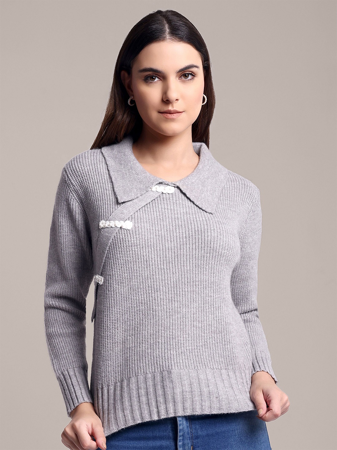 

iki chic Women Ribbed Shirt Collar Woollen Pullover, Grey