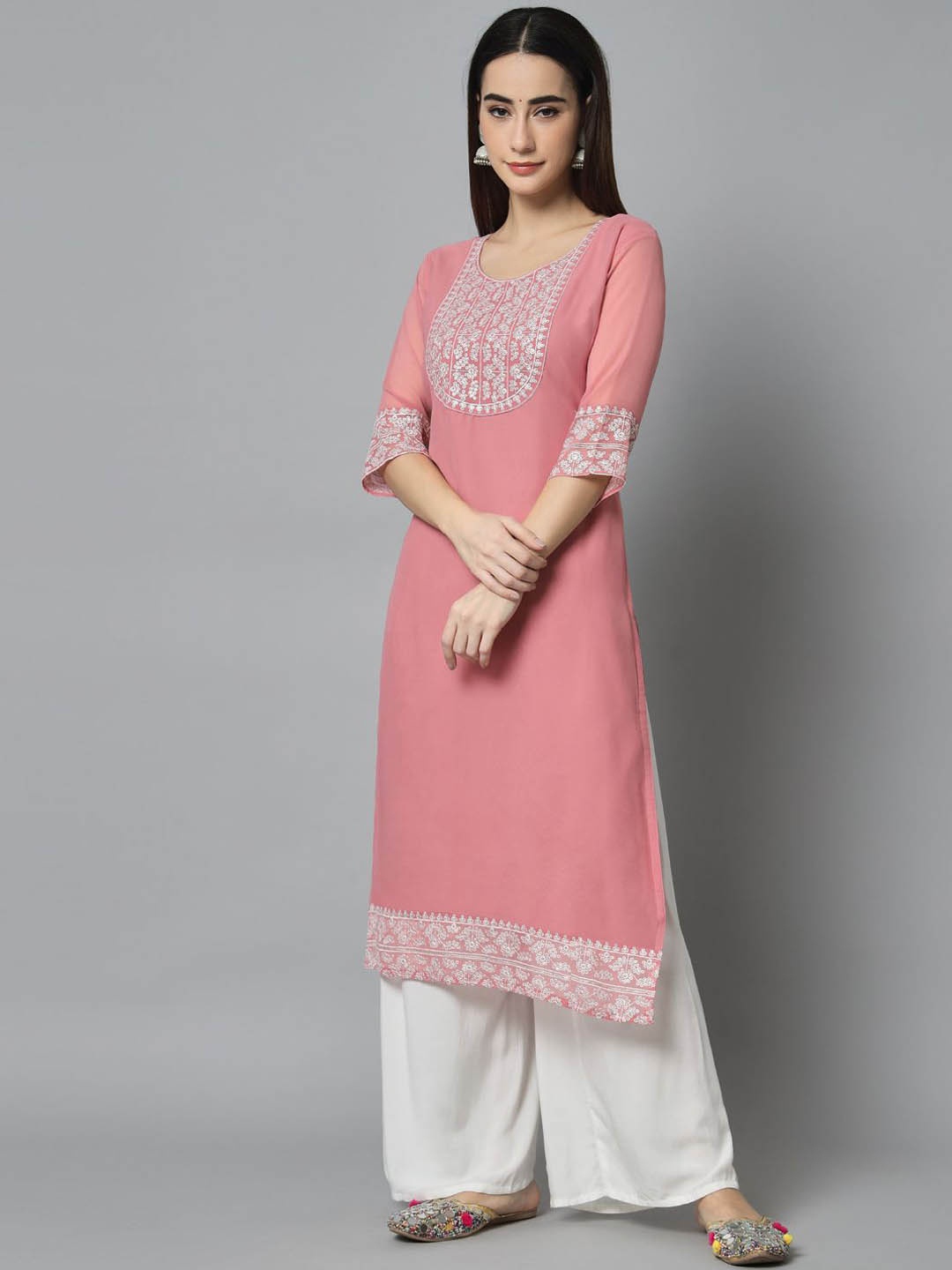 

HERE&NOW Floral Embroidered Thread Work Georgette Straight Kurta, Mauve