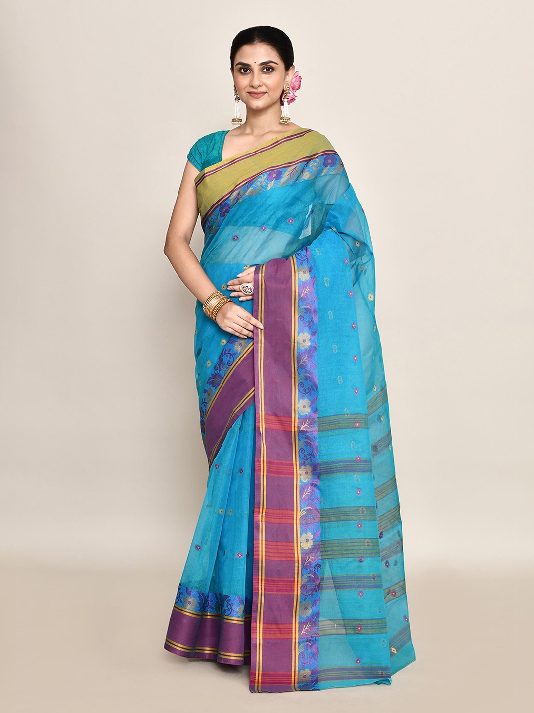 

PUKU Ethnic Motifs Woven Design Pure Cotton Taant Saree, Blue