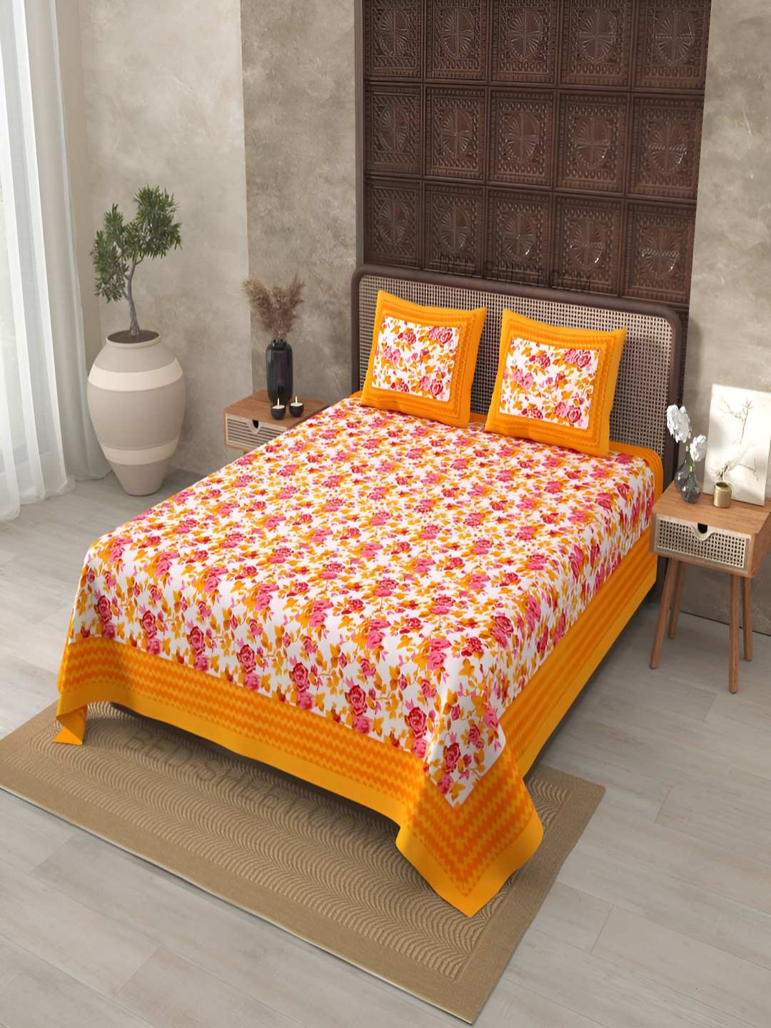 

BED-SHEET.COM Yellow Floral Printed 180 TC Cotton King Bedsheet Set 2.74 m x 2.24 m