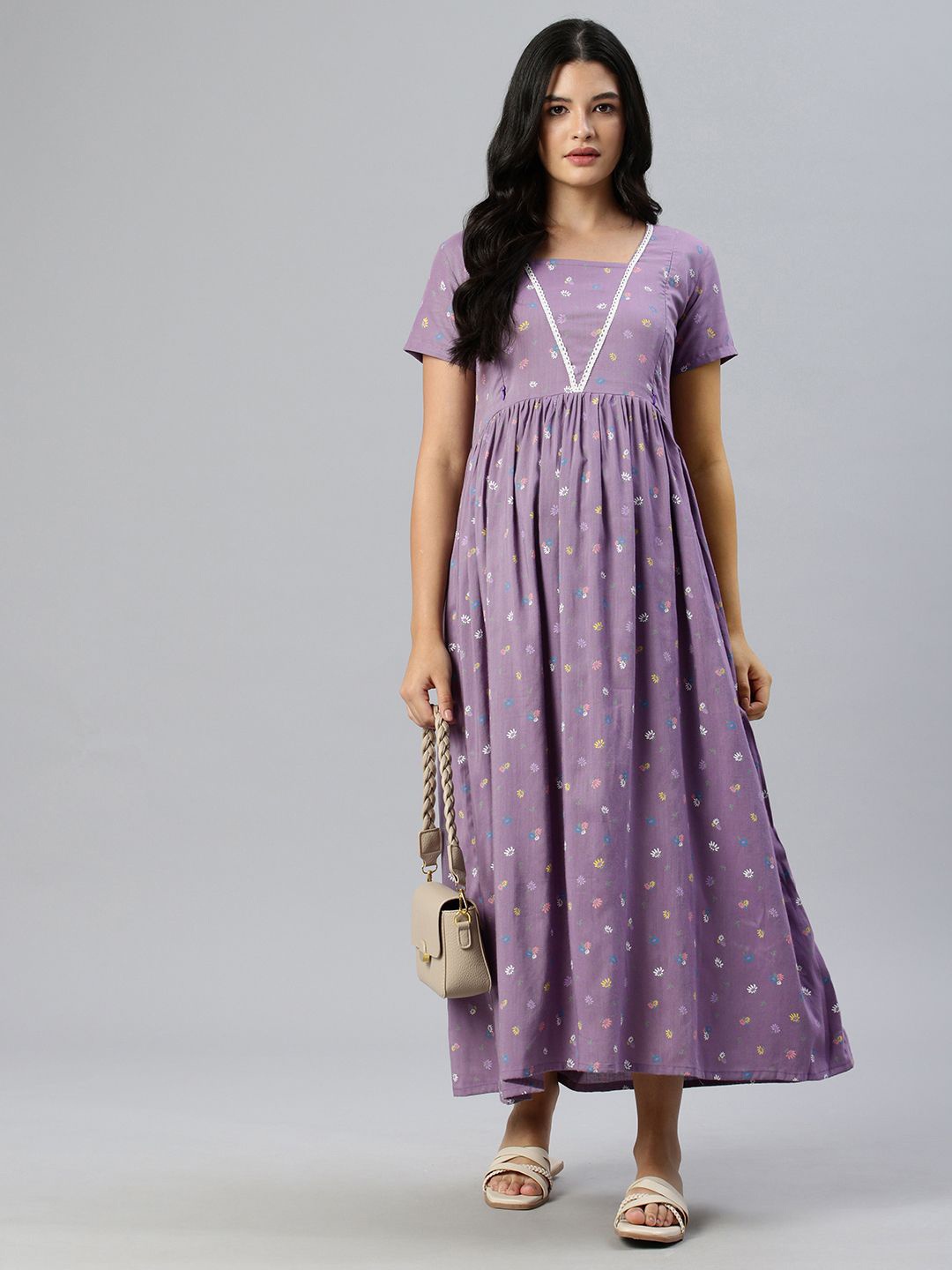 

Swishchick Women Floral Print Cotton Maternity Fit & Flare Maxi Dress, Purple