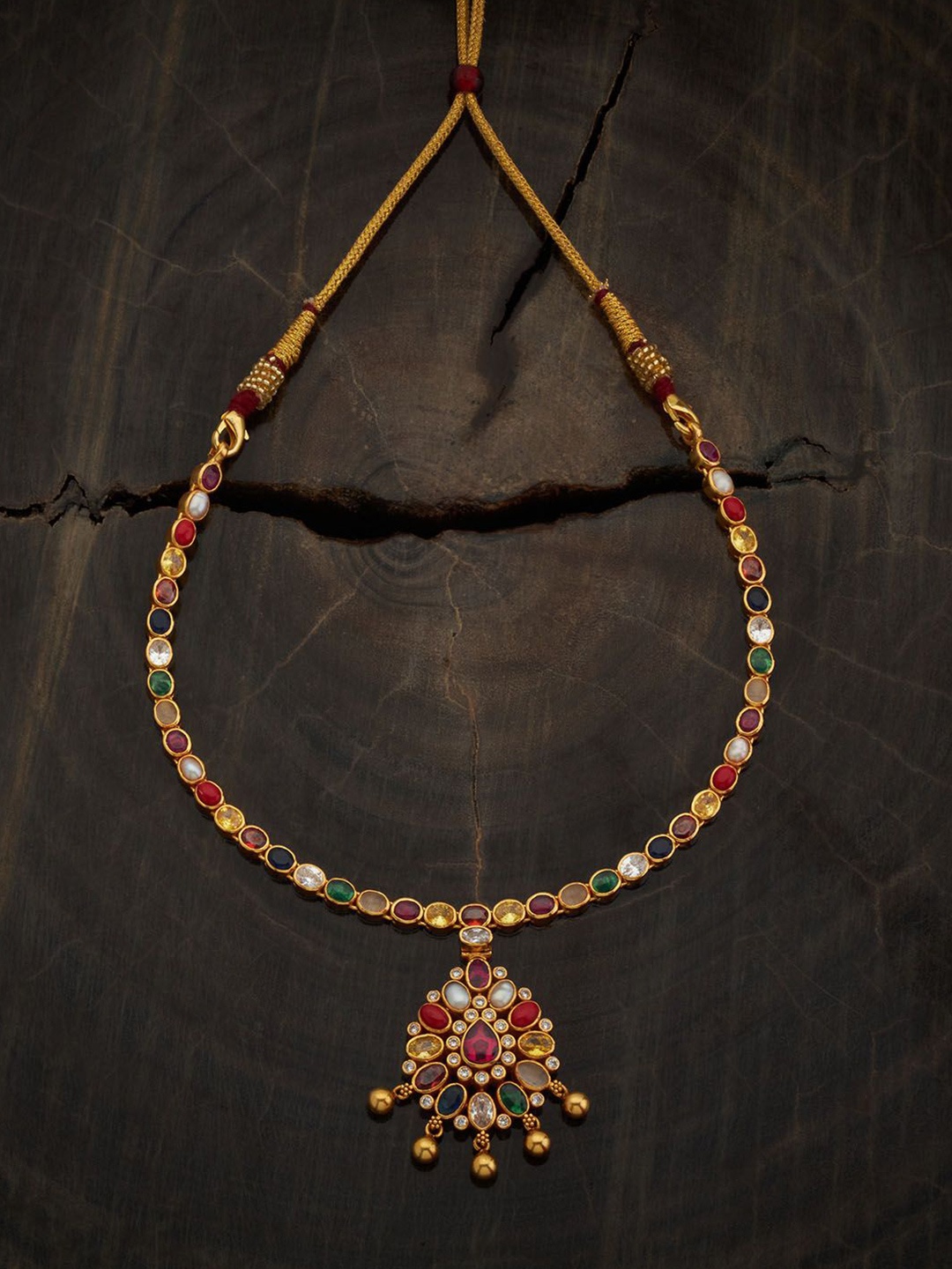 

Kushal's Fashion Jewellery 92.5 Pure Silver Gold-Plated Navaratna Stone Studded Necklace