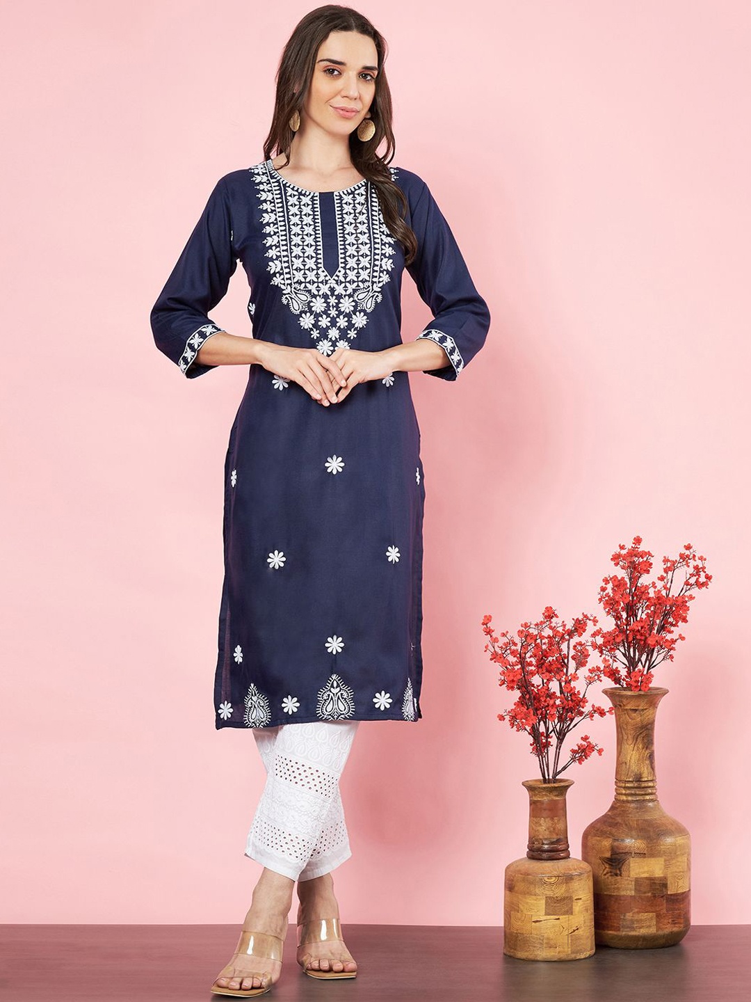 

HERE&NOW Navy Blue Floral Embroidered Cotton Straight Kurta