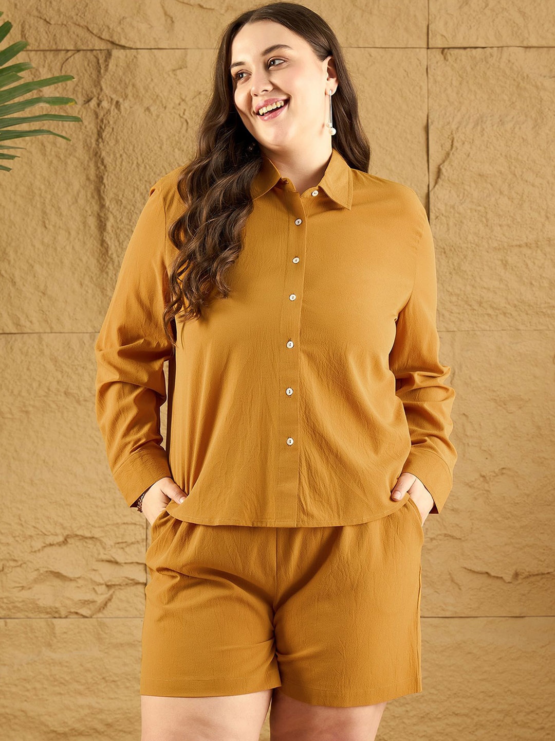 

CURVE BY KASSUALLY Shirt Collar Long Sleeves Shirt With Shorts, Mustard