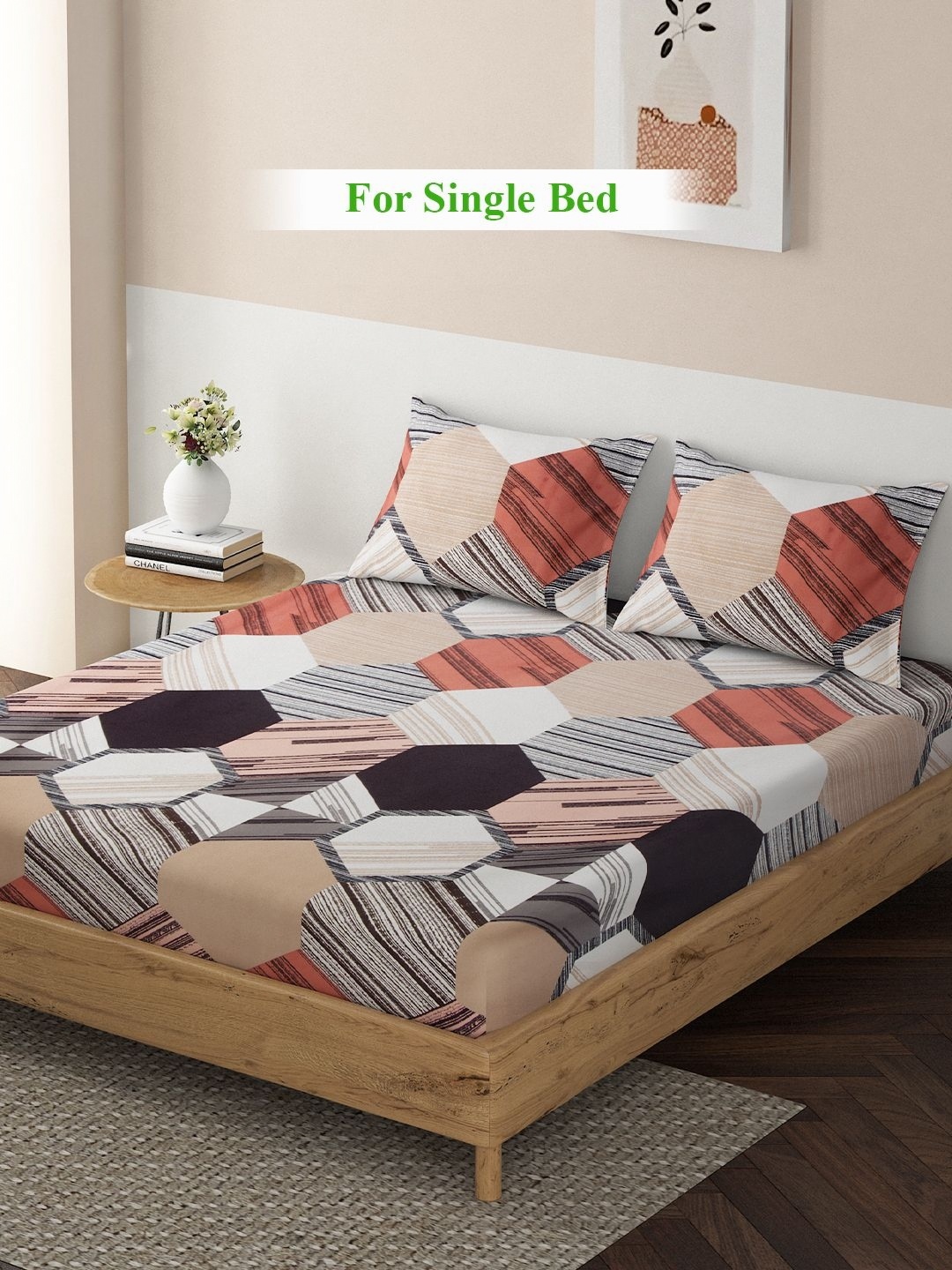 

HOKIPO Peach-Coloured & White 140 TC King Bedsheet with 2 Pillow Covers