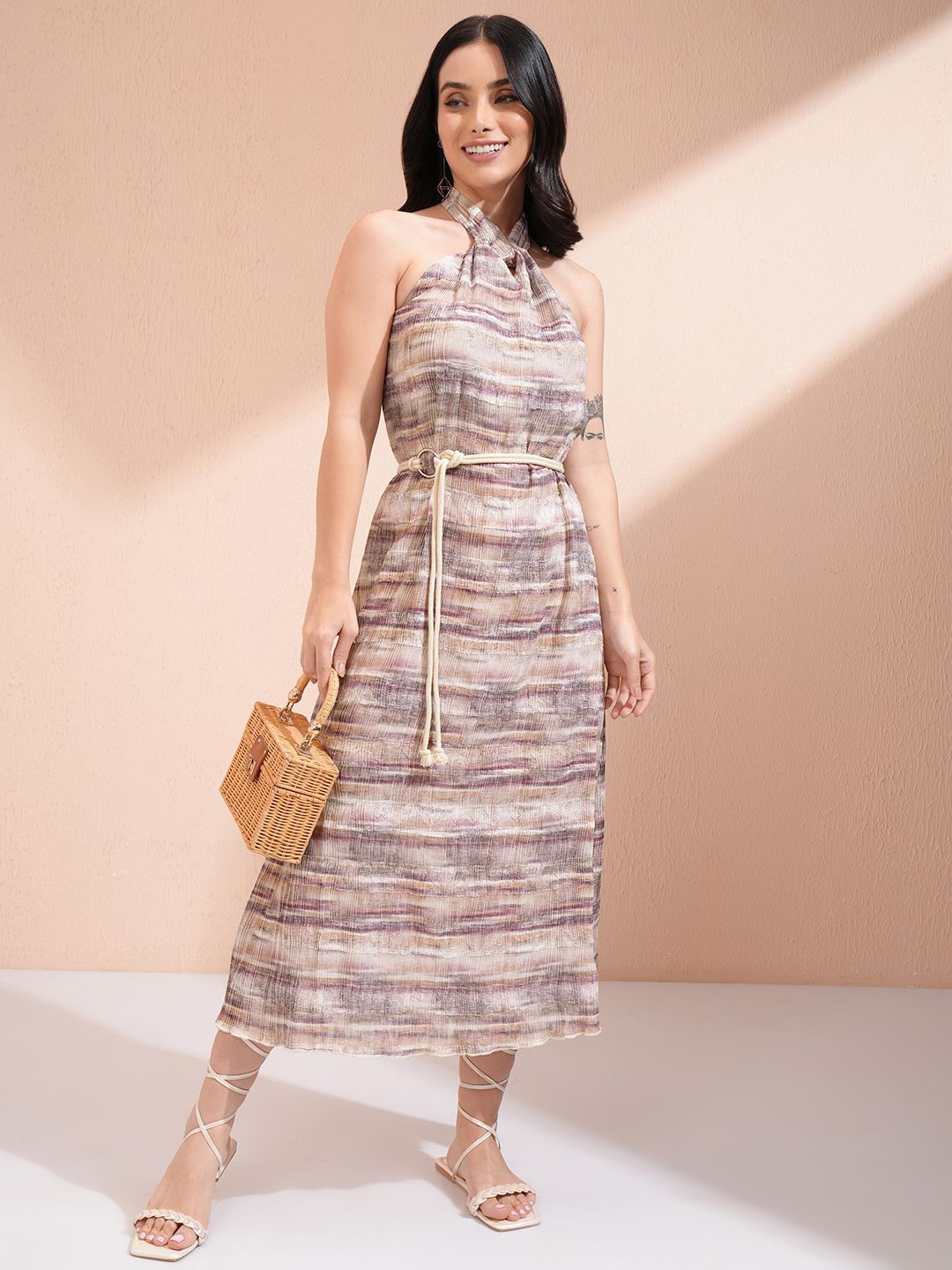 

ESPYR By Tokyo Talkies Women Printed Halter Neck A-Line Midi Dress, Purple