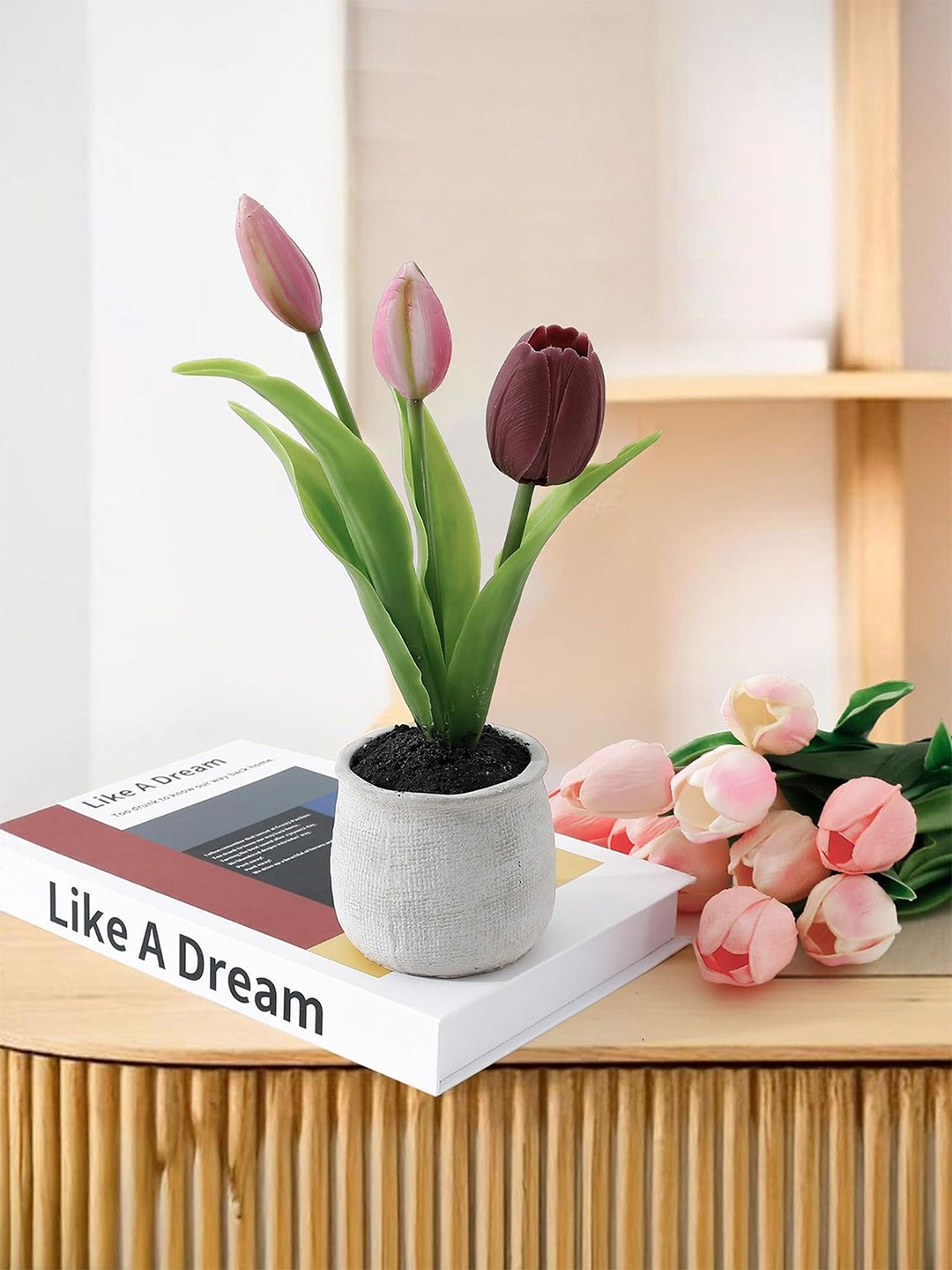 

Ekhasa Purple & Green Tulip Asparagus Artificial Flower With Pot