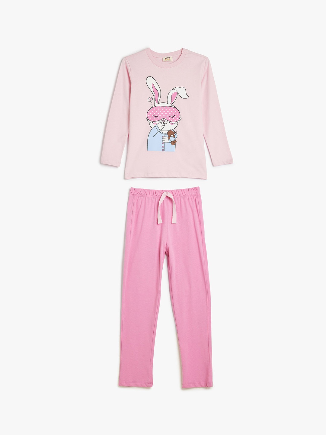 

Koton Girls Graphic Printed Pure Cotton Long Sleeves Night suit, Pink