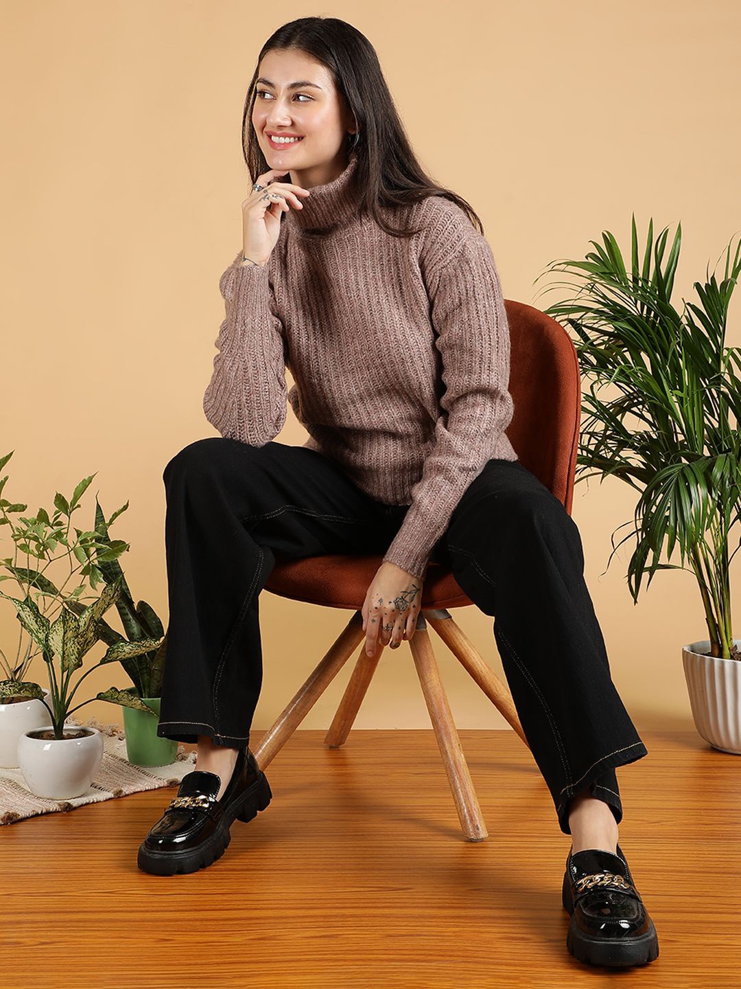 

Kotty Women Cotton Turtle Neck Long Sleeves Pullover Sweaters, Pink