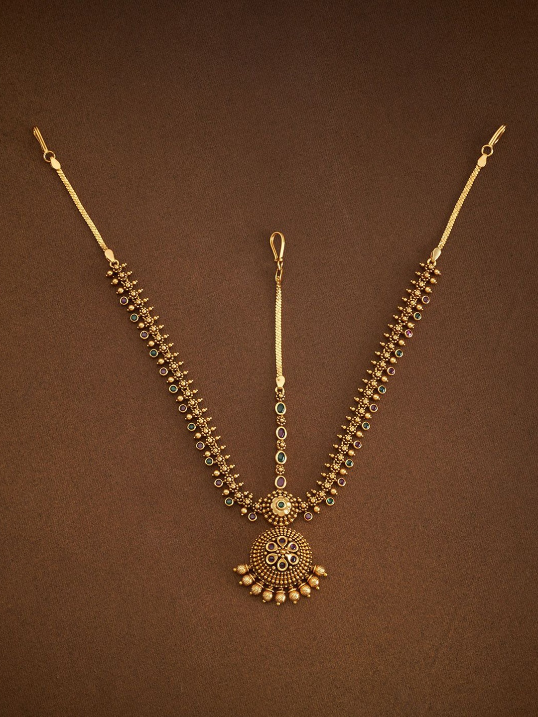 

Kushal's Fashion Jewellery Gold-Plated Artificial Stones Studded Antique Maang Tikka