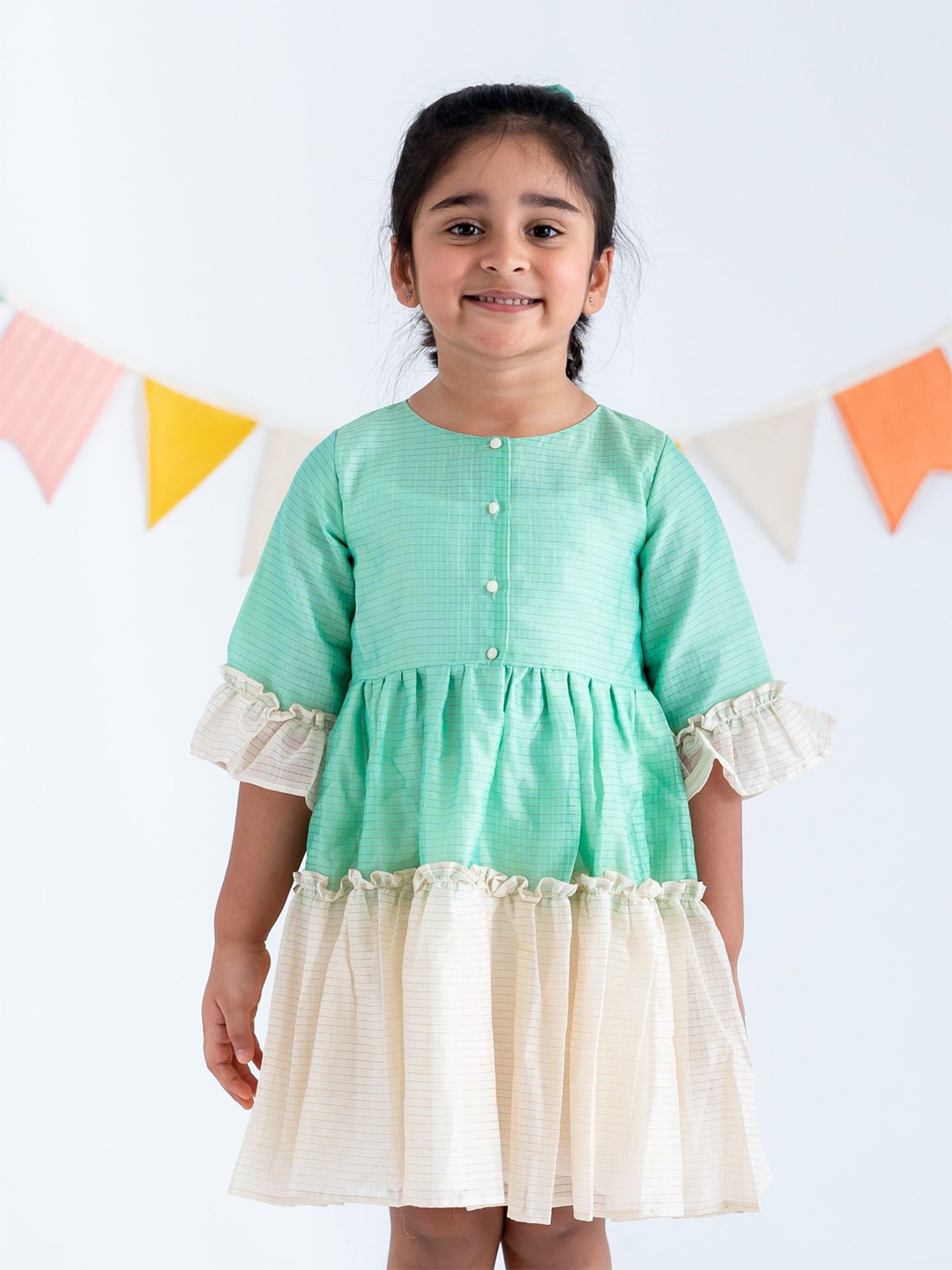 

Soleilclo Girls Checked Flared Sleeve Fit & Flare Dress, Green